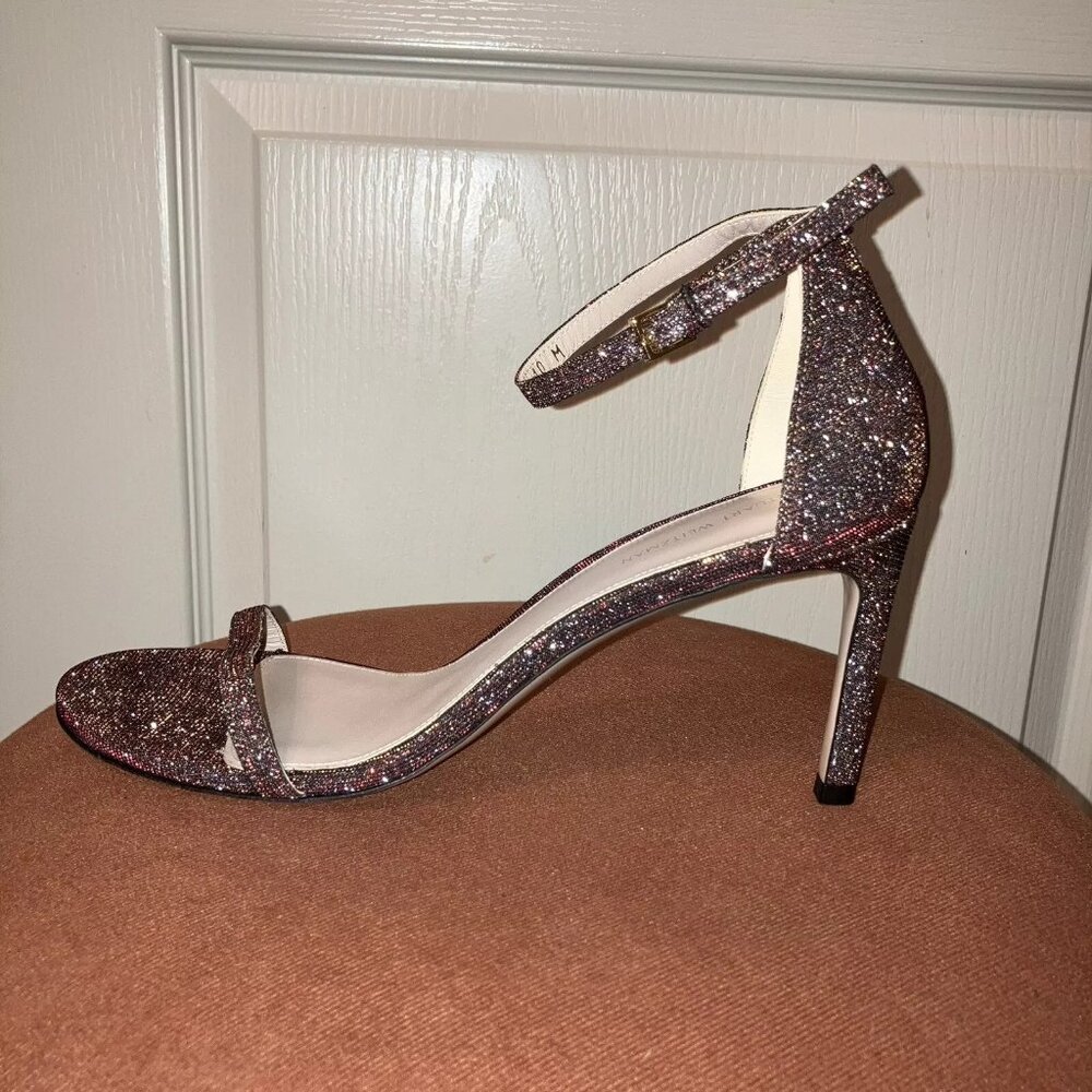 STUART WEITZMAN Heels SANDALS Glitter CRYSTAL Wine NUDIST - Sz 10 M Spain NEW!